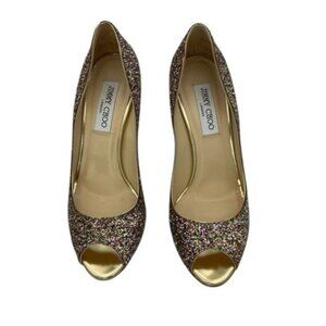 Jimmy Choo Evelyn Multicolor Glitter Peep Toe Gold Heels Shoes Size 39 US 9